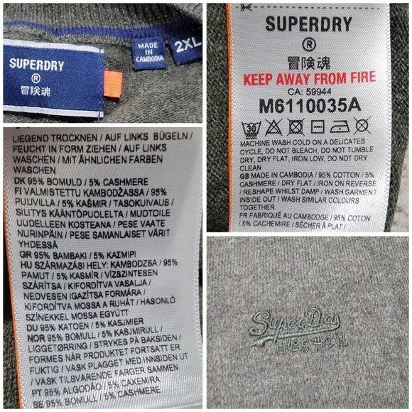 Superdry Mens Green V Neck Pullover Sweater Long‎ Sleeve Embroidered Size 2XL - Picture 5 of 8